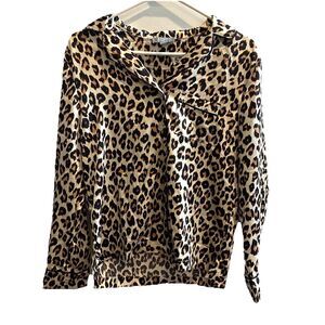 Loft Leopard Print Button Down Blouse Womens XS Satin Pajama Set Pants Top NWT
